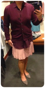 J Crew Fall 2014: Merino V-Neck Cardigan, Silk Sleeveless Blouse, Pleated Lattice Skirt, Suede D'Orsay Flats, Vintage Denim Jacket