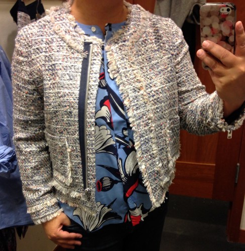 J Crew: Tweed Jacket with Zippers, Sleeveless Top in Deco Floral