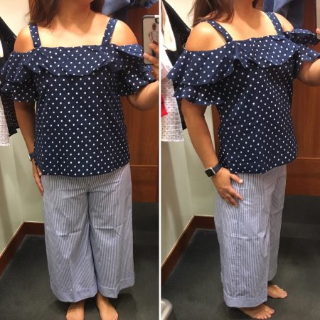 Polka-Dot Cold-Shoulder Top, Cold-Shoulder Top, Cuffed Pant in Shirting Stripe, One-Shoulder Ruffle Top in Eyelet