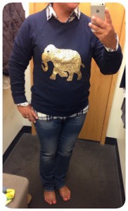 J Crew Factory: Metallic Elephant Sweatshirt, Homespun Popover Shirt, Corey Wash Straight & Narrow Jean